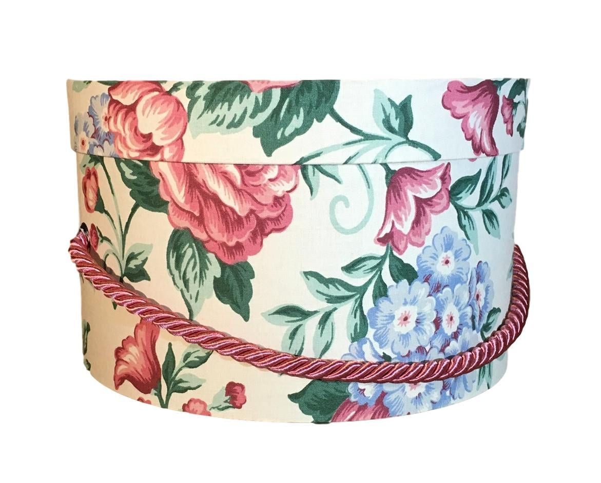10” Small Hat Box in Pink Roses with Blue Floral Fabric