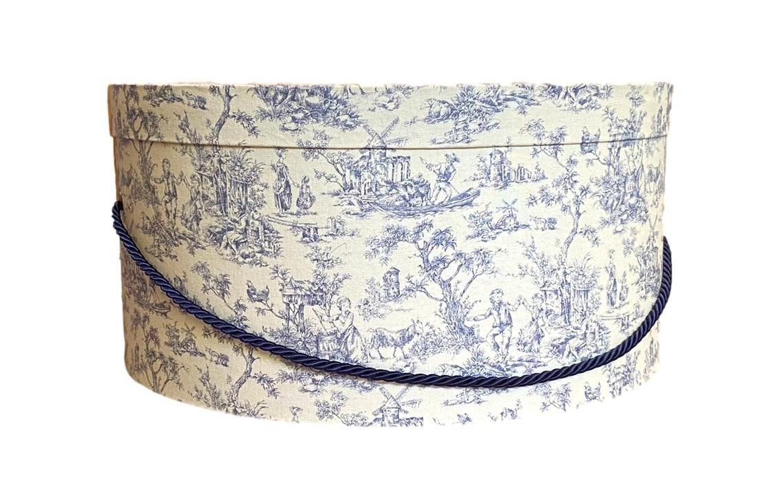 Large 17x9 Hat Box in Blue French Toile 