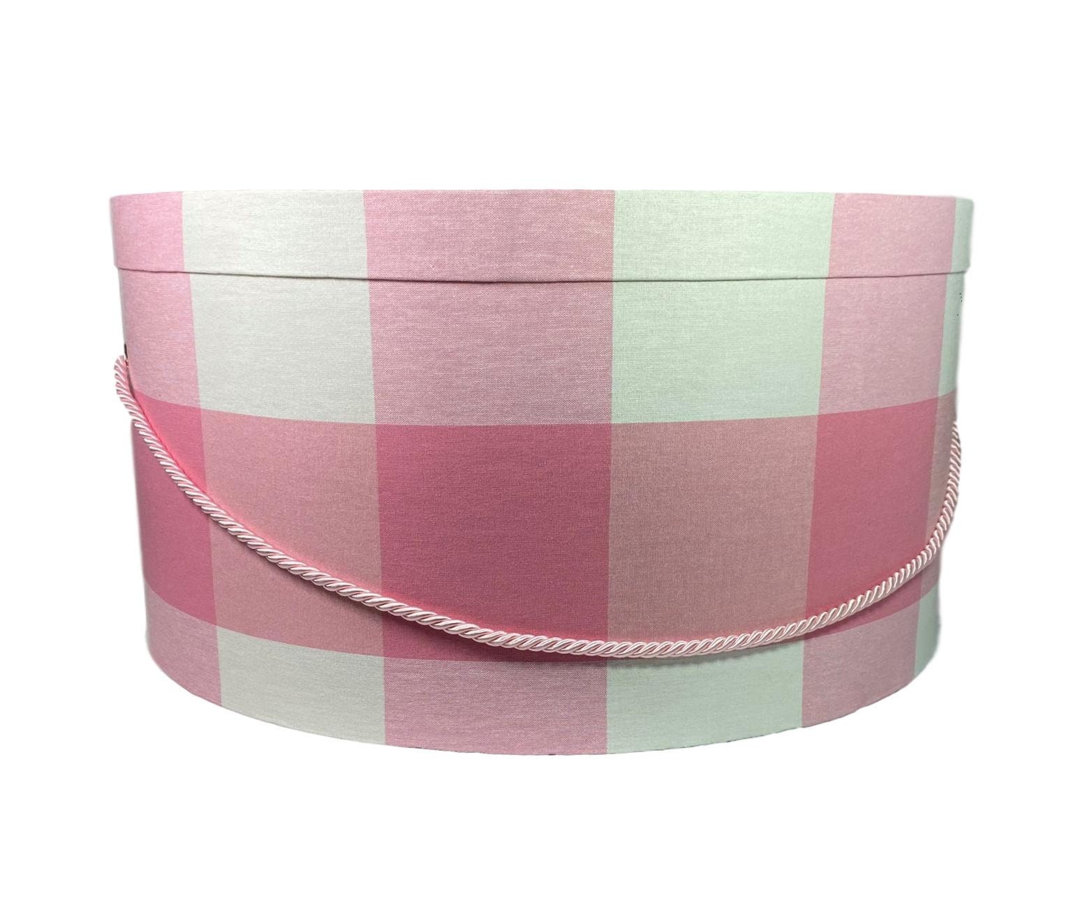 Extra Large 20” Hat Box Pink and White Buffalo Check Floral Fabric