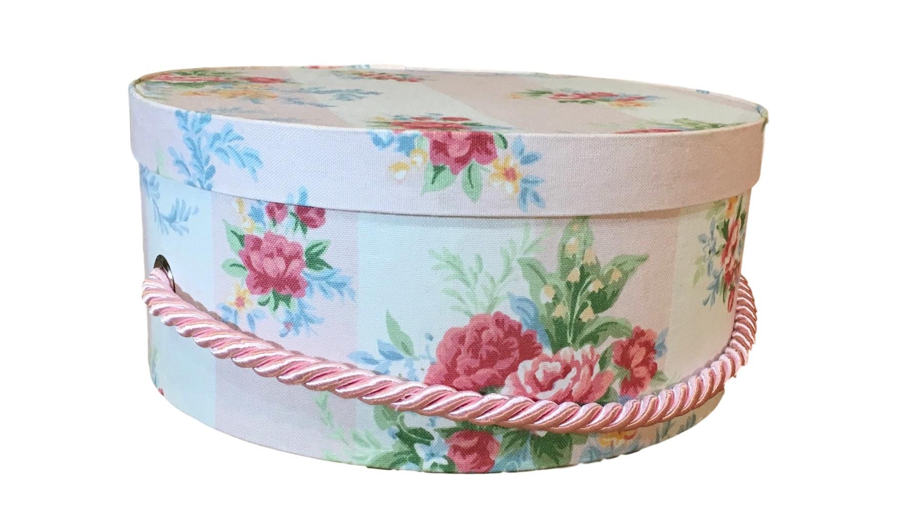 Small 10” Hat Box in Pink Floral Stripe Fabric, Decorative Covered Hat