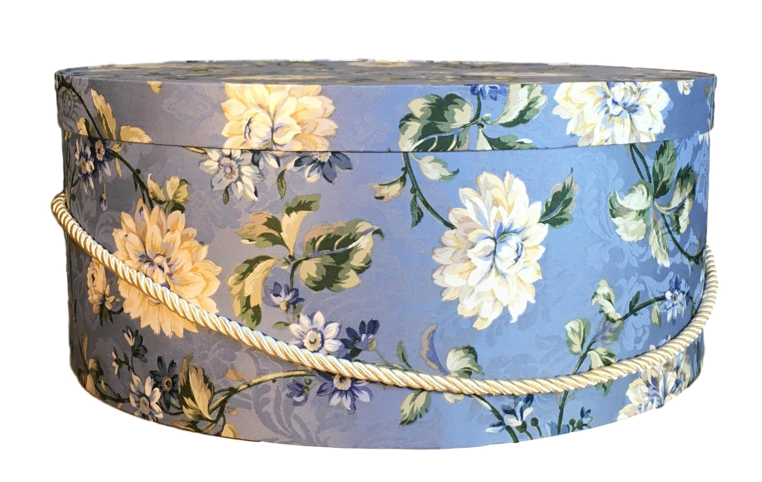 Large 16X 8 Hat Box in White and Blue Floral Fabric 