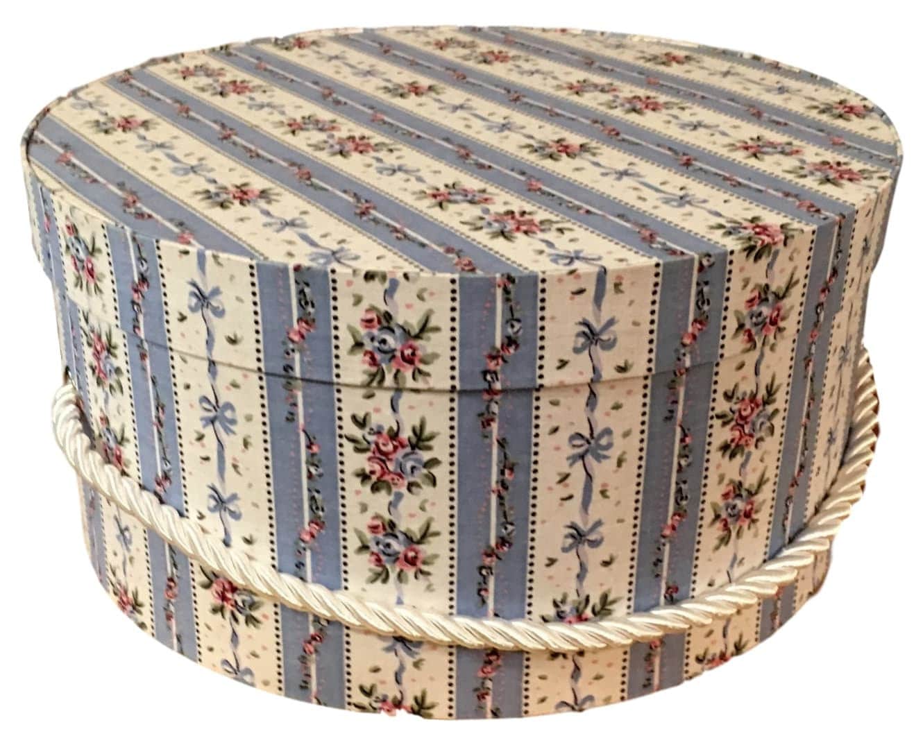 Hat Box in Blue Floral Stripe, Large Decorative Fabric Covered Hat