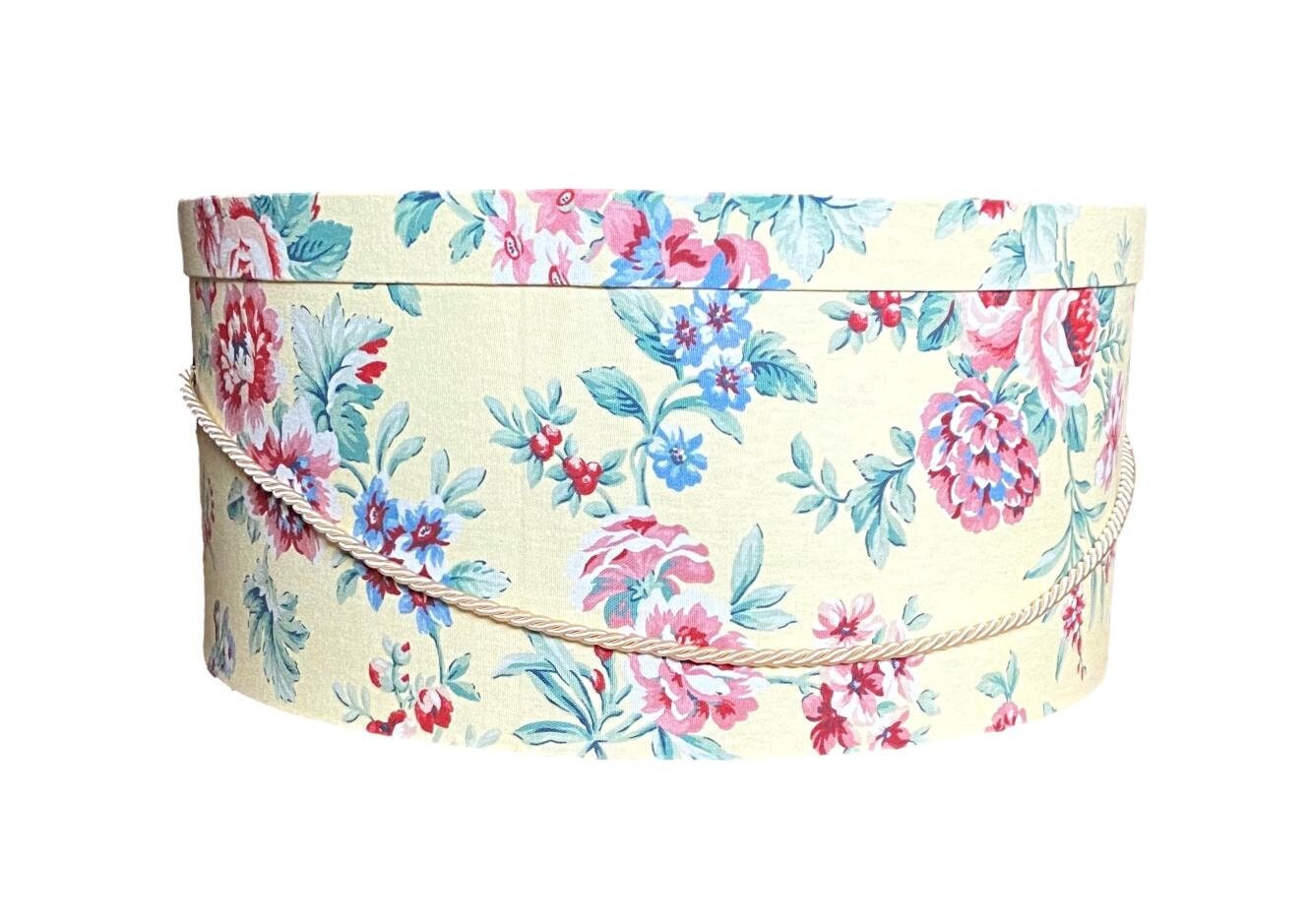 Hat Box in Yellow With Red Floral Fabric 