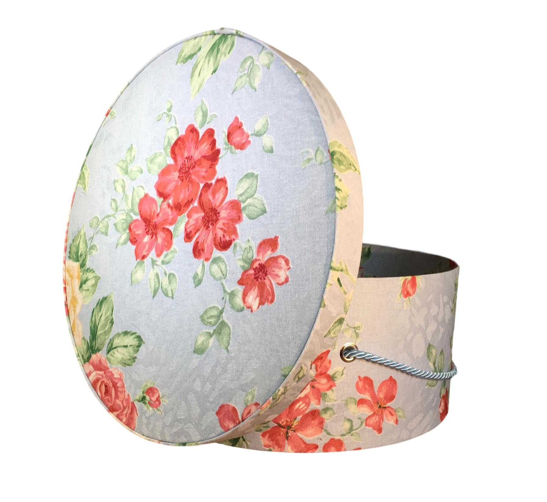 Large 16” Hat Box in Pretty Light Blue Floral Fabric