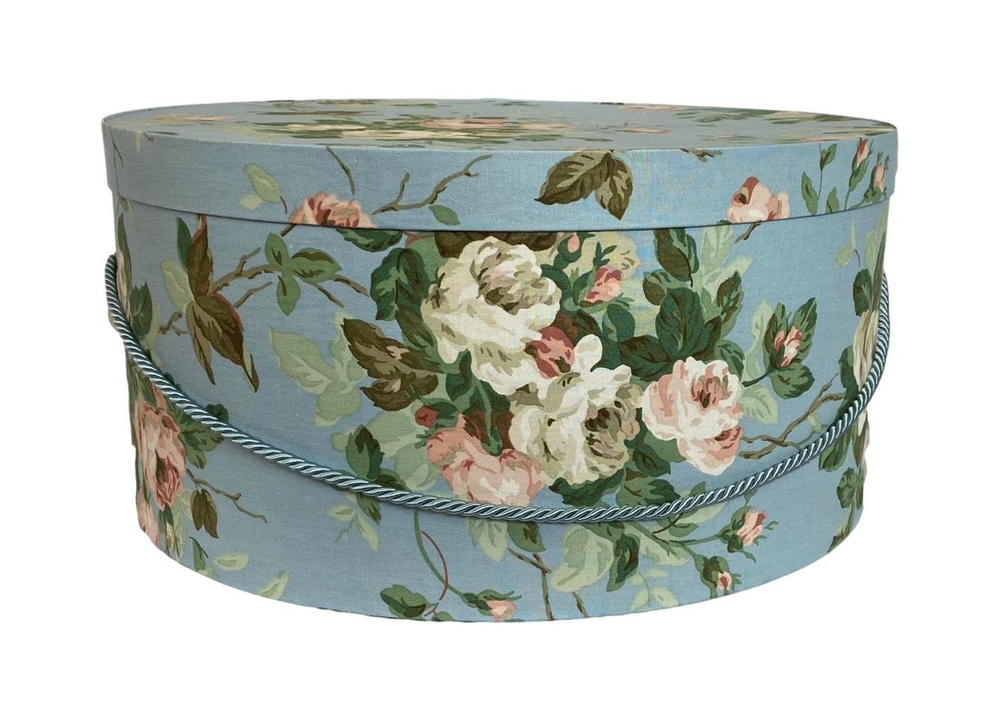 Large 15” Hat Box in Light Blue Pastel Floral Fabric