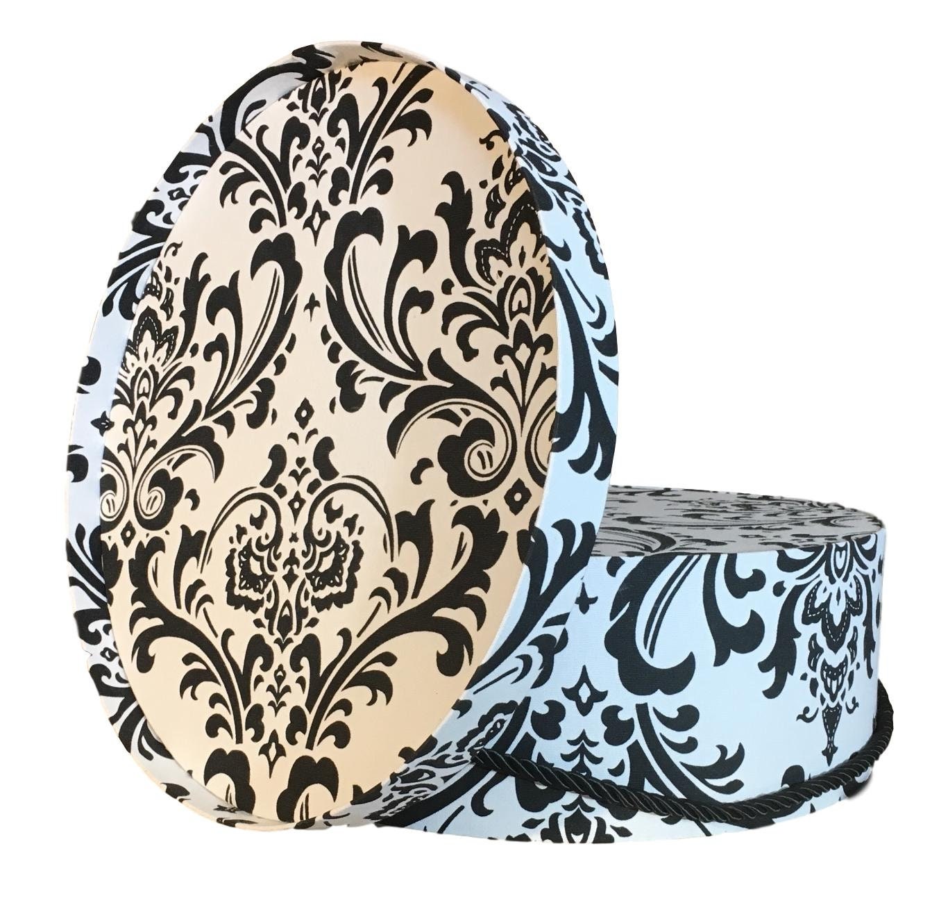 Large 17” Hat Box in Black and White Damask Fabric