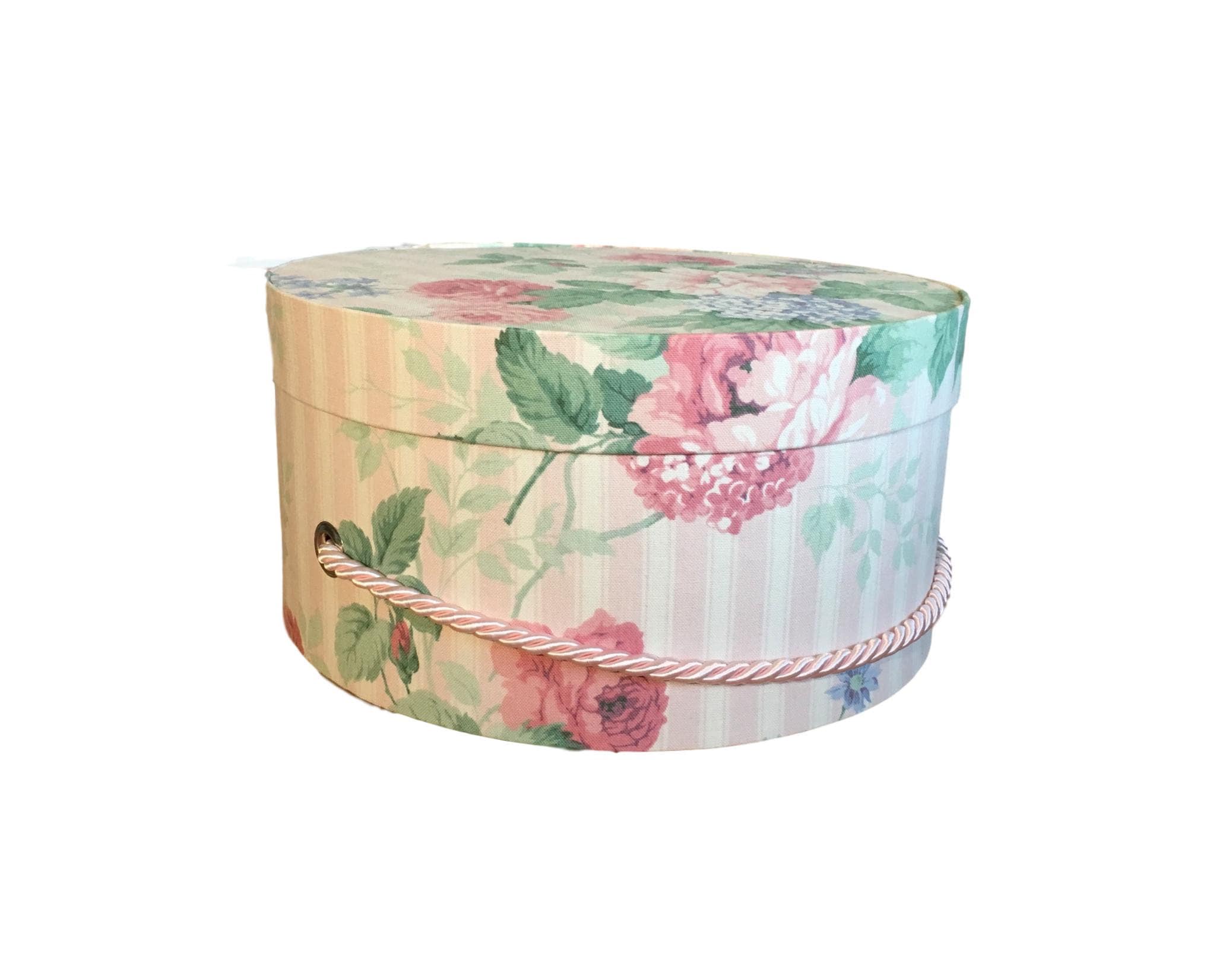Small 11” Hat Box in Vintage Pink Floral Stripe Fabric, French Cottage ...