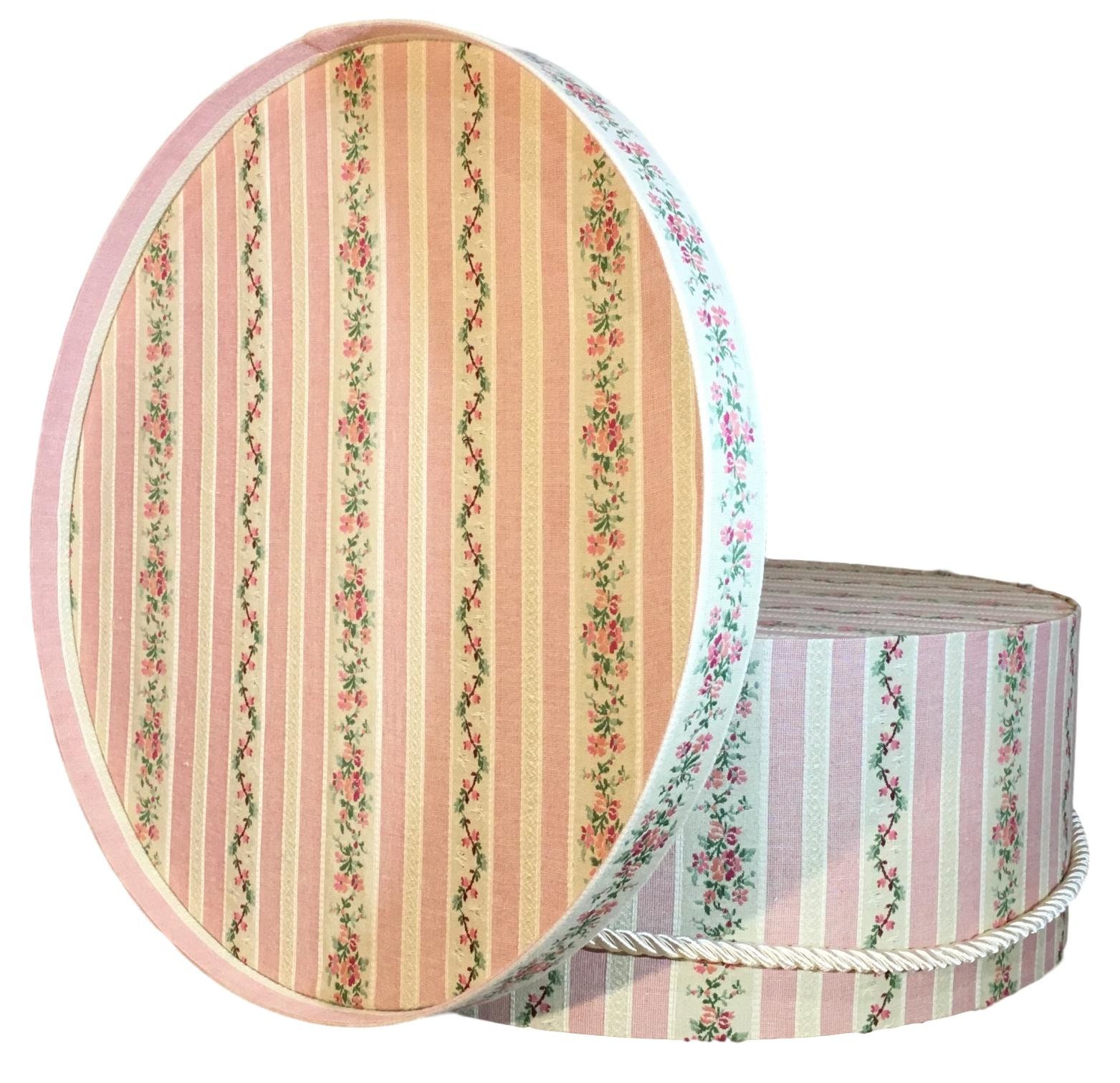 Large 17” Hat Box in Vintage Pink Floral Stripe Fabric, Decorative Hat