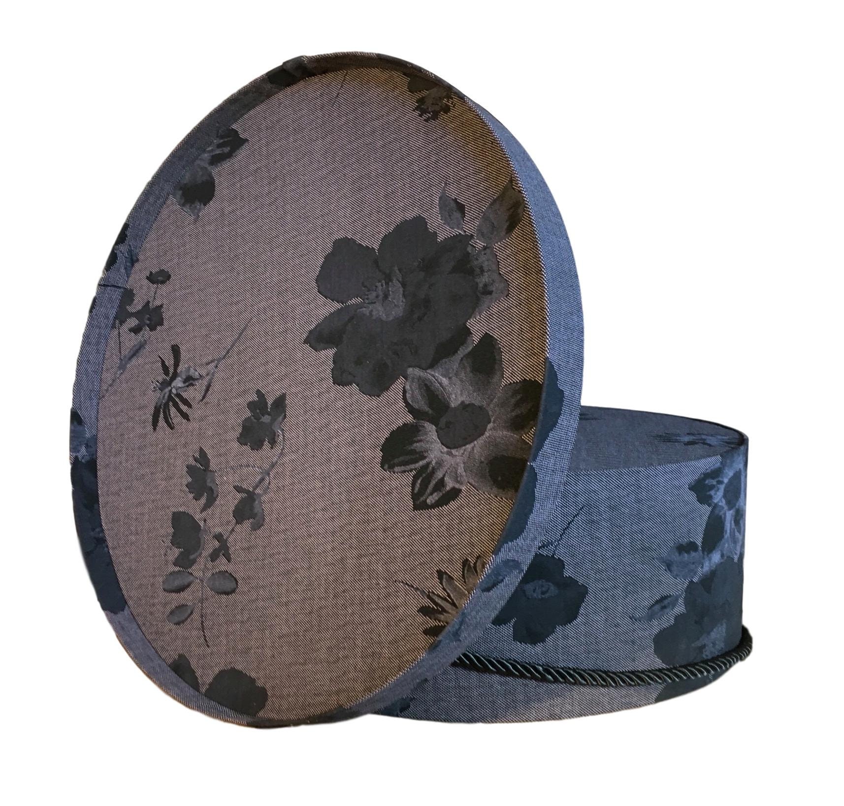 Extra Large 18” Hat Box in Black on Grey Floral Fabric