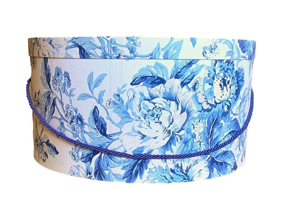 Large 16x8 Hat Box in Blue Floral on White Fabric 