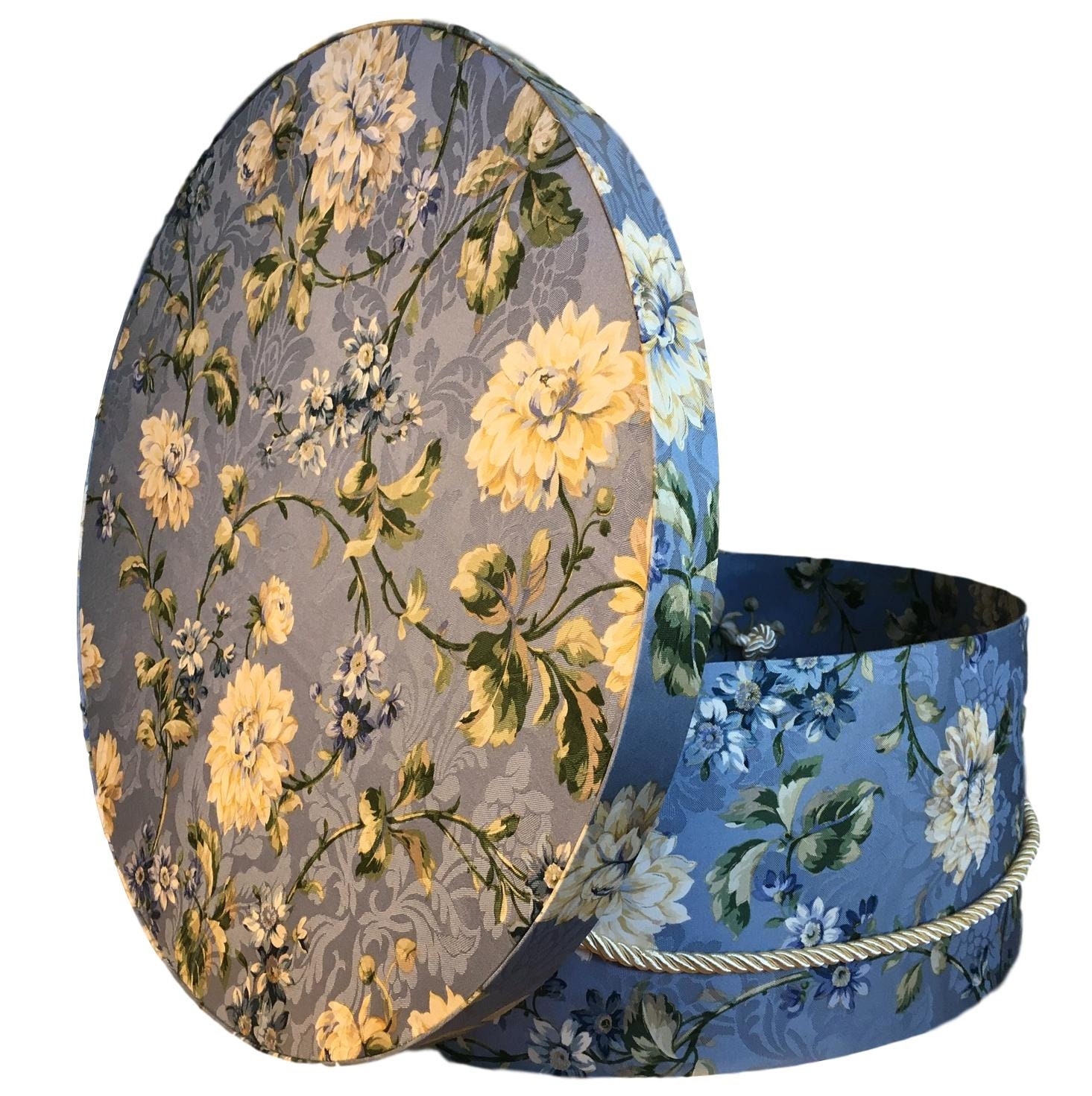 Large 16”X 8” Hat Box in White and Blue Floral Fabric