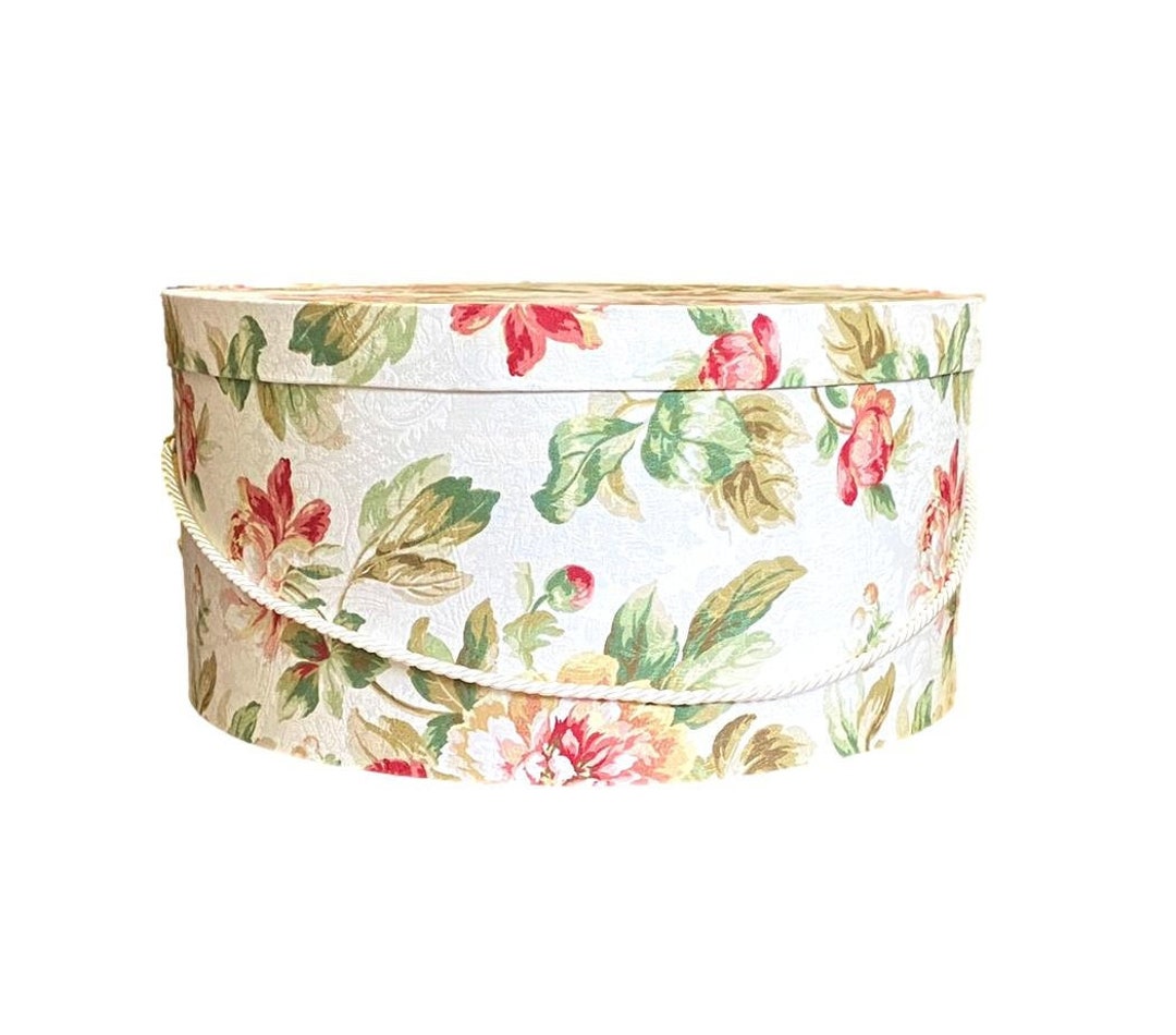 15X7 Hat Box in Pink and Green Floral on White Fabric 