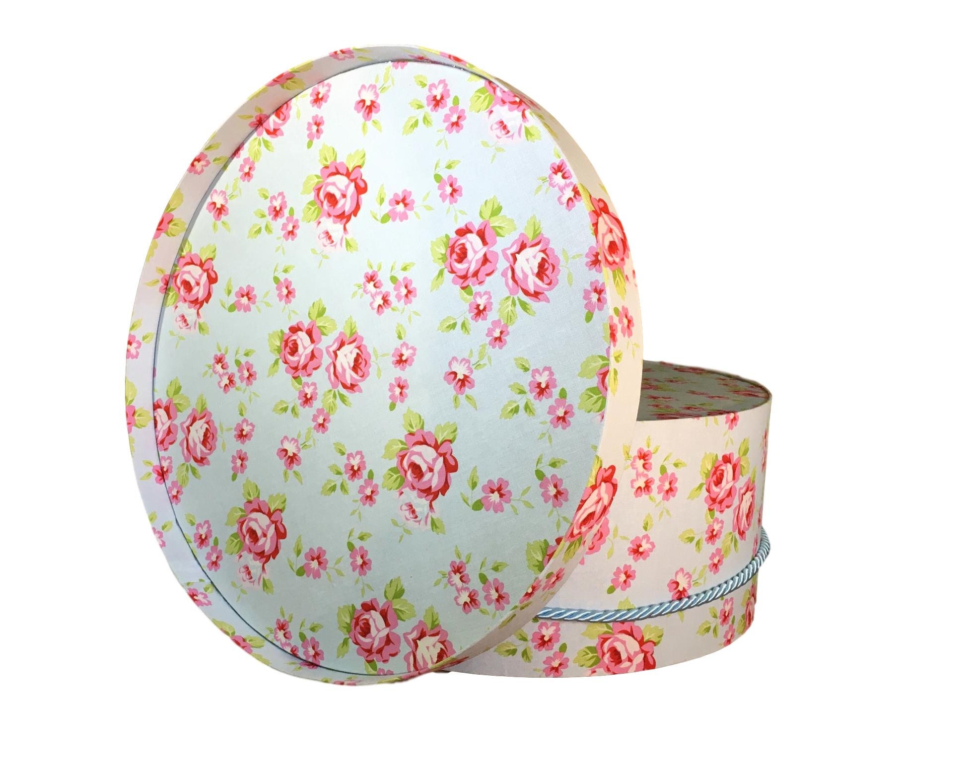 Large 16” Hat Box in Pink Roses on Blue Fabric