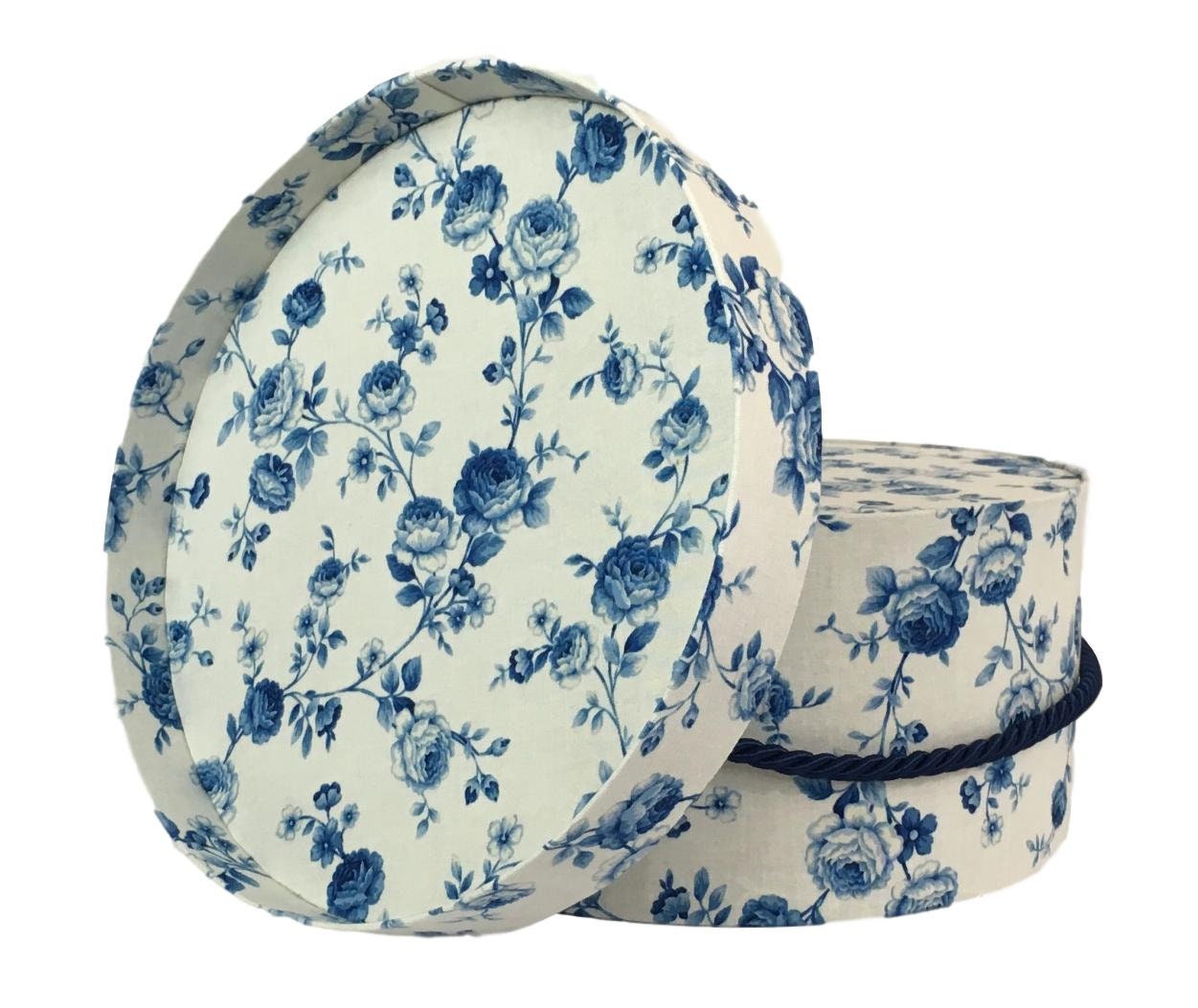 Small 10” Hat Box in Navy Blue Floral on Cream Fabric