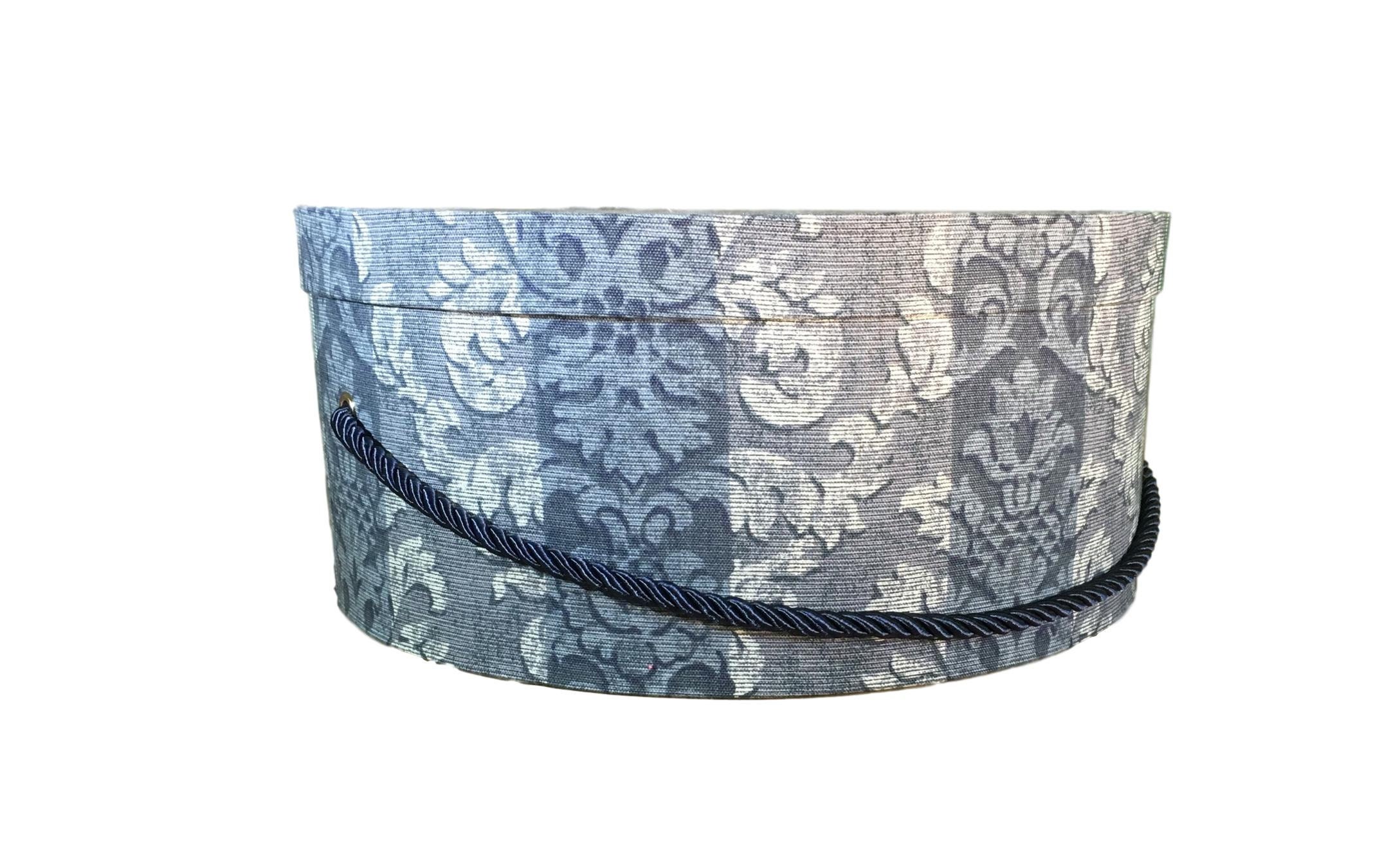 13” Hat Box in Navy Damask Fabric