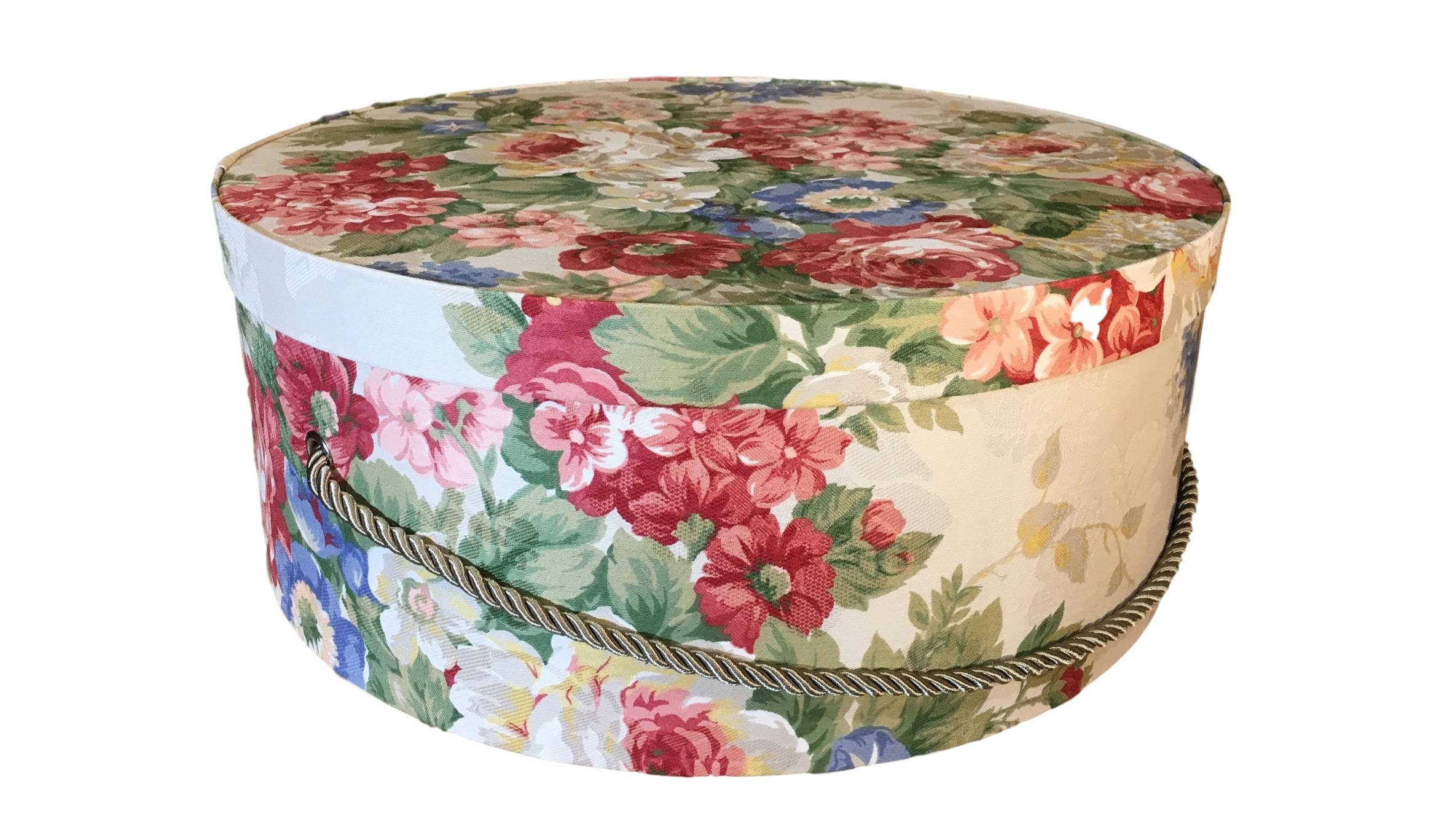 Extra Large 19” Hat Box in Red and Blue Floral Fabric