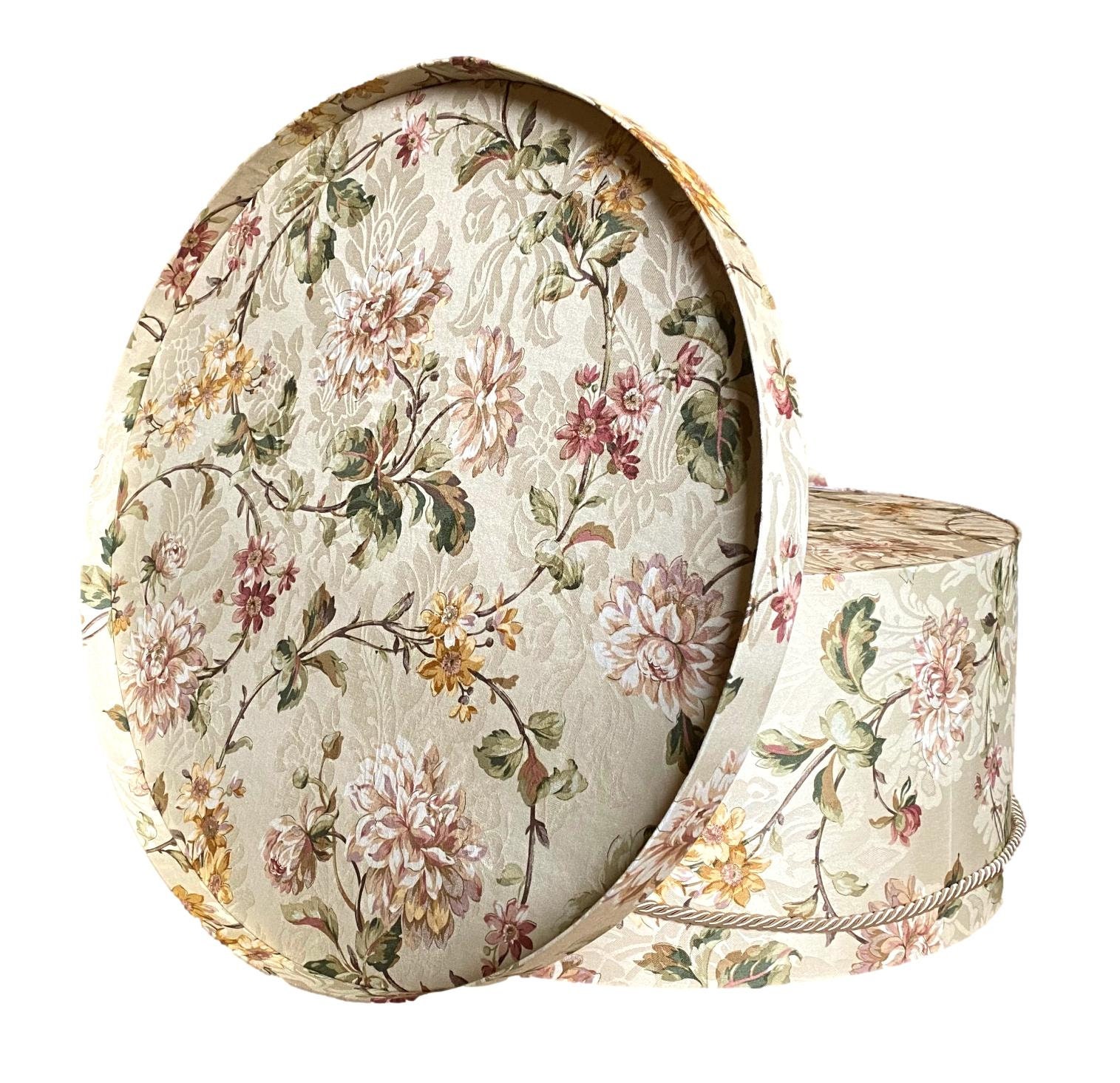 Extra Large 20”X9” Hat Box in Red, Blue, Green, Ecru Floral Fabric