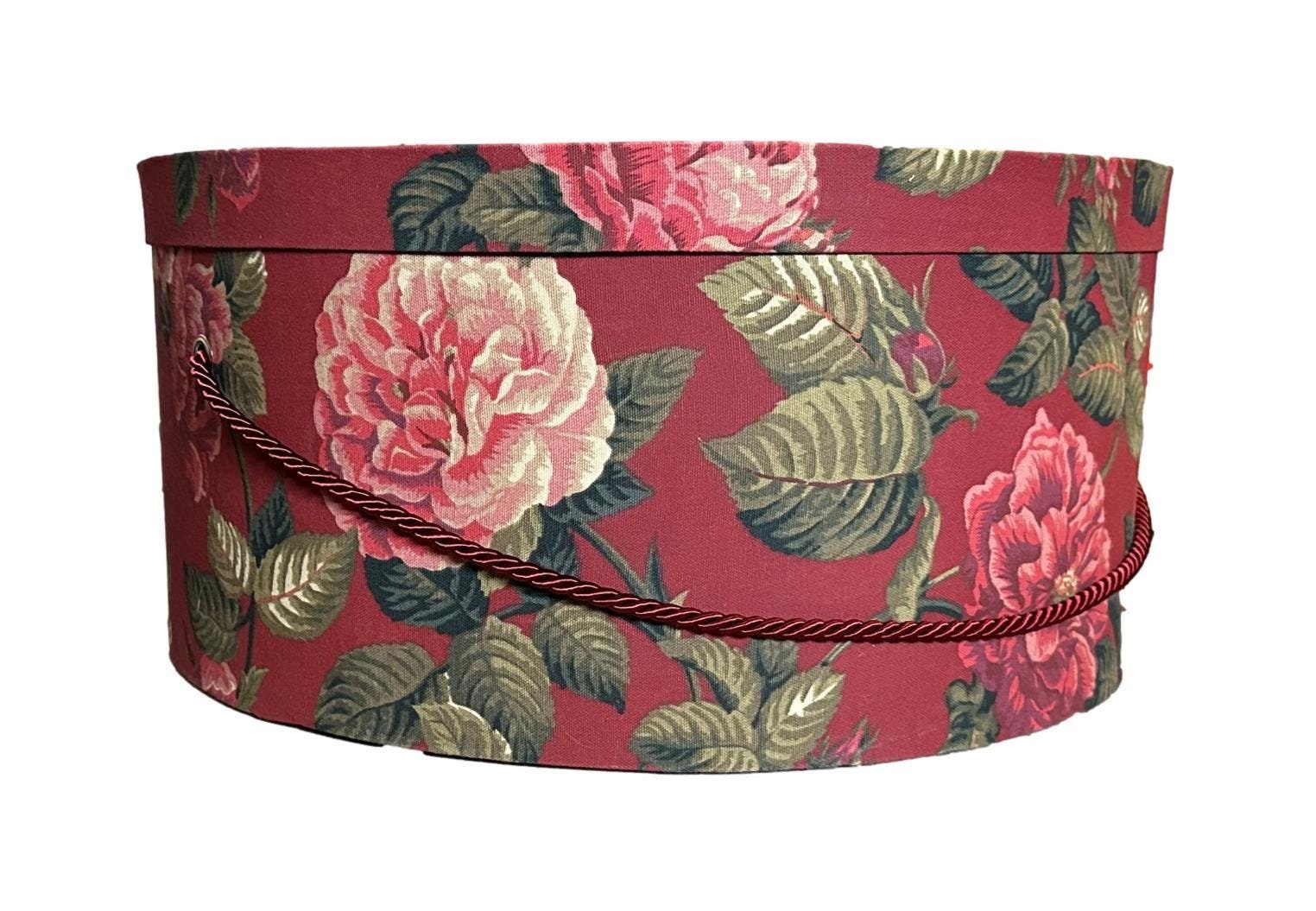 Extra Large 20 X9 Hat Box in Dark Red Floral Fabric