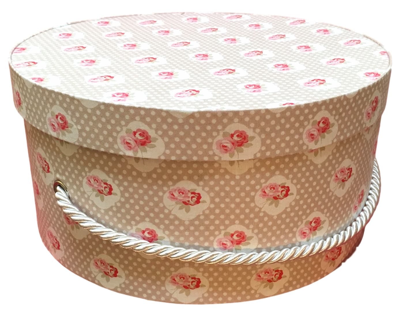 Hat Box in Tan Polka Dot Fabric, Large Decorative Fabric Covered