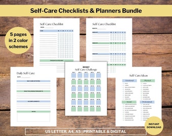 Könnte beinhalten: Druckbare Selbstpflege-Checklisten und -Planer-Bundle in zwei Farbschemata. Enthält ein tägliches Selbstpflege-Protokoll, eine 30-Tage-Selbstpflege-Herausforderung und eine Checkliste mit Platz für Aufgaben, Gedanken und Gefühle. Enthält auch eine Seite mit Selbstpflege-Ideen, kategorisiert nach emotional, physisch, sozial und beruflich.