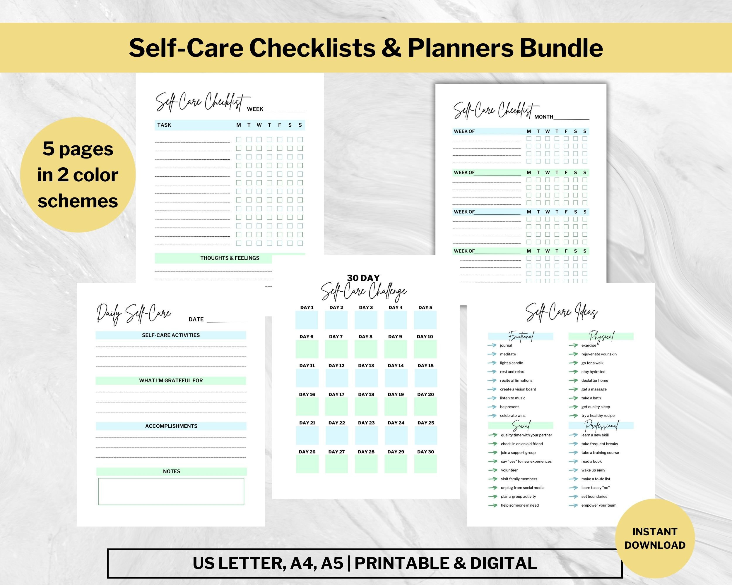 Self Care Checklist Planner Tracker Kit Bundle, Printable, Daily Weekly ...