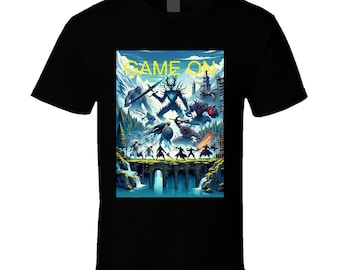 May include: Black t-shirt featuring a colorful fantasy battle scene with the text "GAME ON" in yellow. The graphic depicts warriors, monsters, and a bridge over water, set against a mountainous backdrop.
