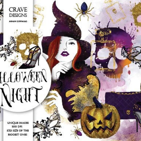 Halloween Clipart, Halloween Witch Fashion Clip Art, Witch Hat Fall Autumn Pumpkin Skull Gold Foil
