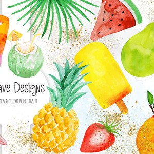 Summer Clipart, Exotic Clipart, Exotic Fruits, Orange, Icecream clipart, exotic flowers, leafs, watercolor