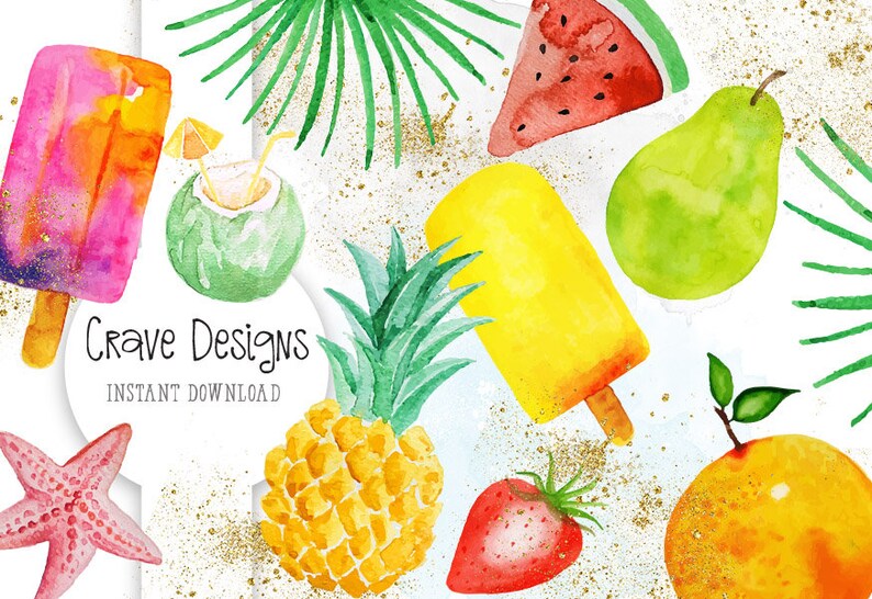 Summer Clipart, Exotic Clipart, Exotic Fruits, Orange, Icecream clipart, exotic flowers, leafs, watercolor image 1