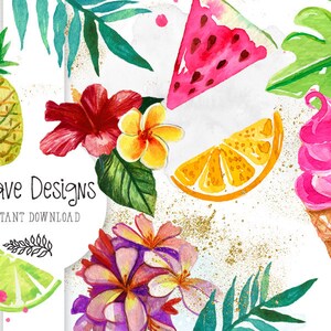 Summer Clipart, Exotic Clipart, Lemon, Orange, Icecream clipart, exotic flowers, leafs, watercolor