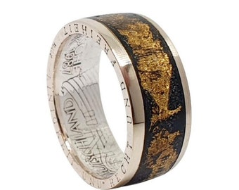 Silver ring made of coin inlay 24 carat gold leaf