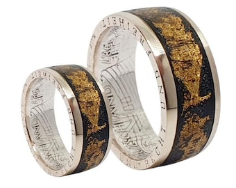 Silver rings made from coins with gold leaf inlay