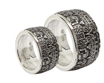 Wedding rings partner rings sterling silver Mayan calendar