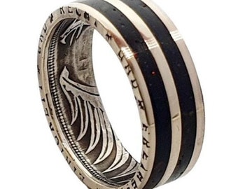 Silver rings made from a five German mark with an inlay of black tourmaline