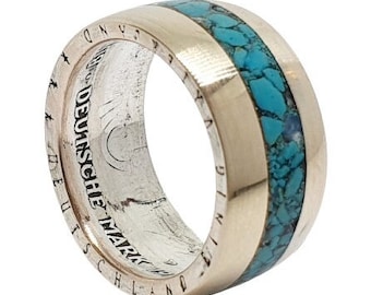 Hand-forged silver ring made of ten DM coin inlay blue turquoise