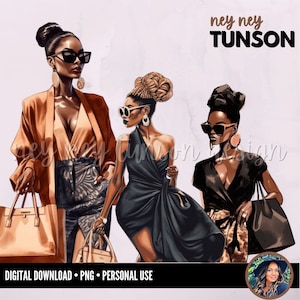 Sunny Shades, Black Woman Clipart, Large Handbag, African American Female, Sunglasses, Stylish, Diva, Neutral Tones, PNG for Planner/Sticker