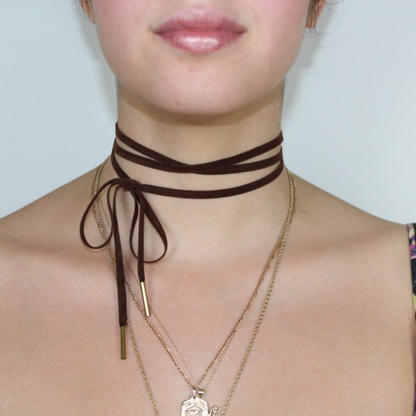 RENDEN- "Expresso" Dark Brown Flat Soft Premium Suede Wrap Tie + Gold Tips Basic Choker