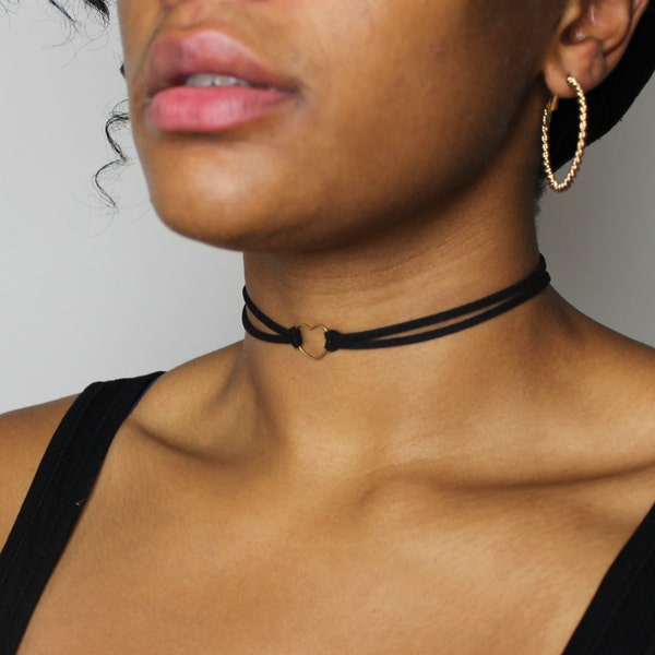LAUREN- Gold Heart Double Band Suede Leather Choker
