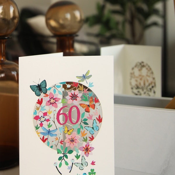 Laser cut Butterflies & Flowers 60th Birthday Card for Women - Paper Cut Art 60 Birthday Card - 60th Floral Birthday Card - Made in UK