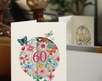 Laser cut Butterflies & Flowers 60th Birthday Card for Women - Paper Cut Art 60 Birthday Card - 60th Floral Birthday Card - Made in UK