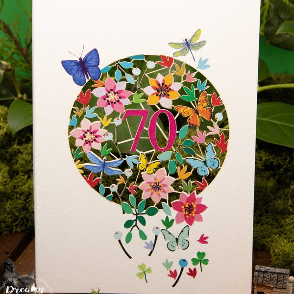 Paper Cut Art 70 Birthday Card Made in UK - Laser cut Butterflies & Flowers 70th Birthday Card for Women - 70th Floral Mum Birthday Card