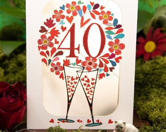Carte 40e anniversaire champagne découpée au laser - carte d'anniversaire de mariage rubis découpée en papier - cadeaux d'anniversaire de mariage coeur rubis