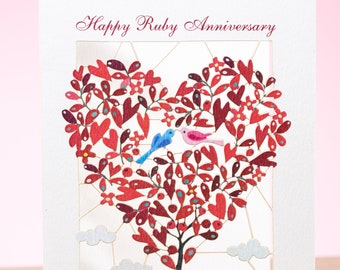 Laser Cut Heart 40th Anniversary Card - Paper Cut Ruby Wedding Anniversary Card - Tree Of Life Ruby Wedding Anniversary Gifts