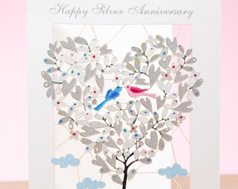 Laser cut Happy Silver Anniversary Card for Husband - Tree of Life 25th wedding anniversary - Happy Silver Anniversary Card