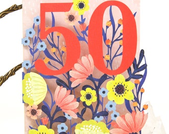 Paper Cut Art Mum 50th Card - 50th Happy Birthday Card for Women - Laser cut Floral 50th Birthday Card - Made in UK