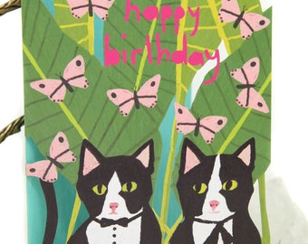 Laser Cut Butterflies & Gentleman Cat Birthday Card - Black Cat Dad Birthday Card - Cat Card Artwork