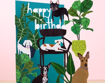 Tarjeta de cumpleaños de perro cortada a láser para amantes de los perros - Tarjeta de cumpleaños de perro - Tarjeta de cumpleaños para perros y plantas