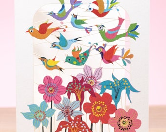 Laser Cut Birds & Flowers Greeting Card - Spring Flowers Art Card - Paper Cut Flower Card Gift for Mum