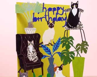 Carte d'anniversaire chats et plantes découpée au laser - Oeuvre d'art de carte d'anniversaire de chat fabriquée au Royaume-Uni - Cadeaux de carte de chat pour les amoureux des chats
