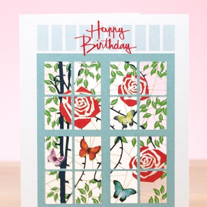 Laser cut Red Roses & Butterflies on Window Birthday Card, Rose Birthday Card for Wife or Mum, Floral Happy Birthday Card for Women